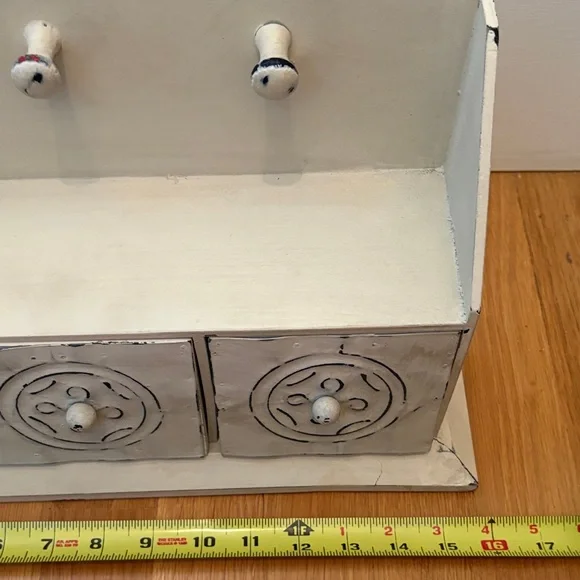 Shabby Chic White Wooden Wall Shelf with Hooks and Drawers - Picture 4 of 6